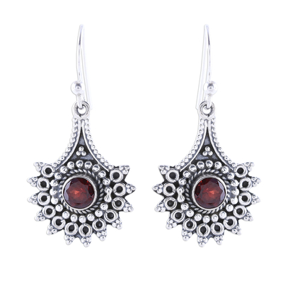 Garnet dangle earrings, 'Gemstone Flowers' - Handmade Garnet Dangle Earrings from India