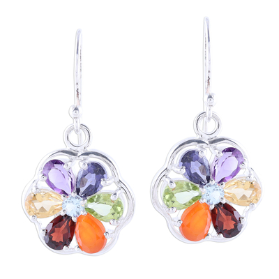 Multi-gemstone dangle earrings, 'Chakra Flowers' - Multi-Gemstone Chakra Dangle Earrings from India