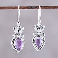 Amethyst dangle earrings, 'Passion Blooms' - Teardrop Amethyst and Sterling Silver Dangle Earrings