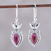 Garnet dangle earrings, 'Passion Blooms' - Garnet Teardrop and Sterling Silver Dangle Earrings
