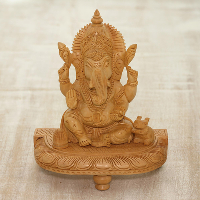 Holzskulptur – Handgeschnitzte hinduistische Lord Ganesha Kadam Holzskulptur
