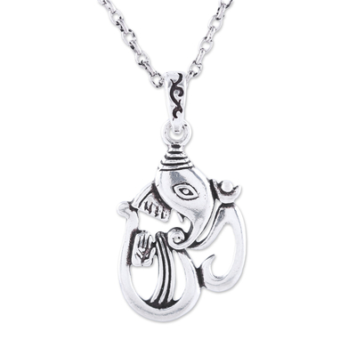 Sterling silver pendant necklace, 'Artistic Om Ganesha' - Sterling Silver Ganesha as Om Pendant Necklace from India