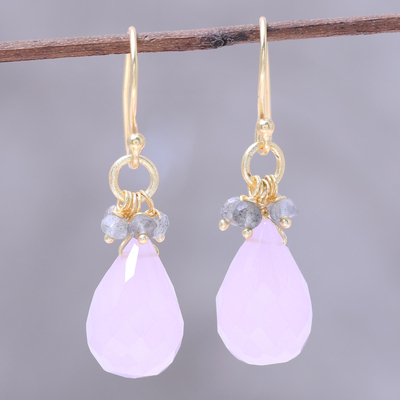 Gold plated rose quartz and labradorite dangle earrings, 'Glittering Pink Drops' - 22k Gold Plated Rose Quartz and Labradorite Dangle Earrings
