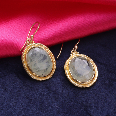 Gold plated prehnite dangle earrings, 'Golden Frame' - 22k Gold Plated Prehnite Dangle Earrings from India