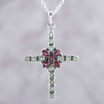 Garnet and peridot pendant necklace, 'Glistening Cross' - Peridot and Garnet Cross Pendant Necklace from India