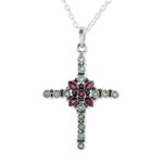 Garnet and peridot pendant necklace, 'Glistening Cross' - Peridot and Garnet Cross Pendant Necklace from India