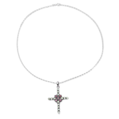 Garnet and peridot pendant necklace, 'Glistening Cross' - Peridot and Garnet Cross Pendant Necklace from India