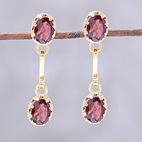 Gold plated garnet dangle earrings, 'Dazzling Twins' - Gold Plated Garnet Dangle Earrings from India