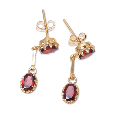 Gold plated garnet dangle earrings, 'Dazzling Twins' - Gold Plated Garnet Dangle Earrings from India