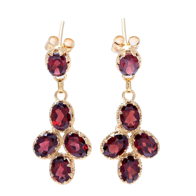 Gold plated garnet dangle earrings, 'Regal Dance' - 22k Gold Plated 10-Carat Garnet Dangle Earrings from India