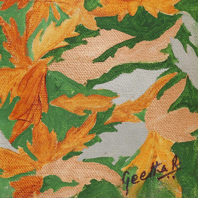 'Spring' - Signed Nature-Themed Painting of Leaves from India