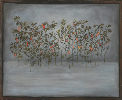 'Chili Garden' - Signed Surrealist Painting of Chili Plants from India