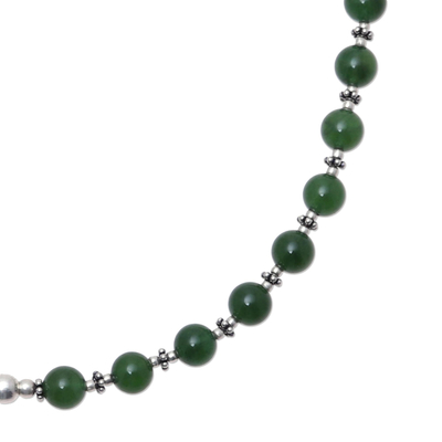 Onyx beaded necklace, 'Beaded Beauty' - Green Onyx and Sterling Silver Beaded Necklace from India