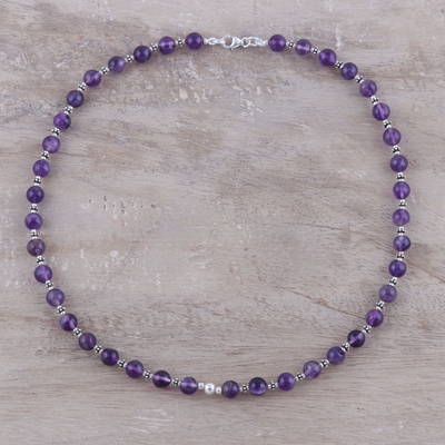 Amethyst Perlenkette, "Perlen Schönheit in Lila" - Indische Perlen-Halskette aus Sterlingsilber mit Amethyst