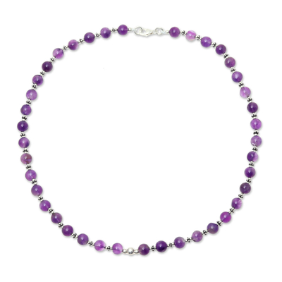 Amethyst beaded necklace, 'Beaded Beauty in Purple' - Amethyst and Sterling Silver Beaded Necklace from India