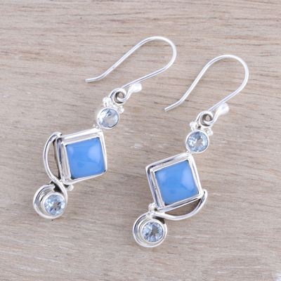 Blue topaz and chalcedony dangle earrings, 'Beauty of the Seas' - Blue Topaz and Chalcedony Dangle Earrings Handmade in India