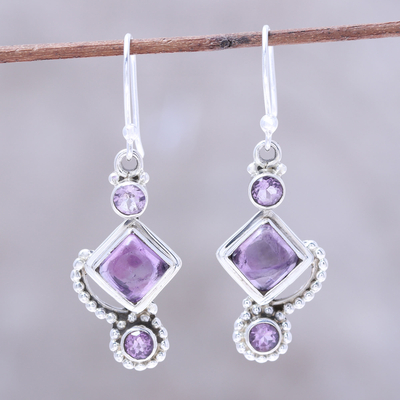 Amethyst dangle earrings, 'Beauty of the Heavens' - Amethyst and Sterling Silver Dangle Earrings from India