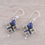 Citrine and lapis lazuli dangle earrings, 'Golden Ocean' - Citrine and Lapis Lazuli Dangle Earrings Handmade in India