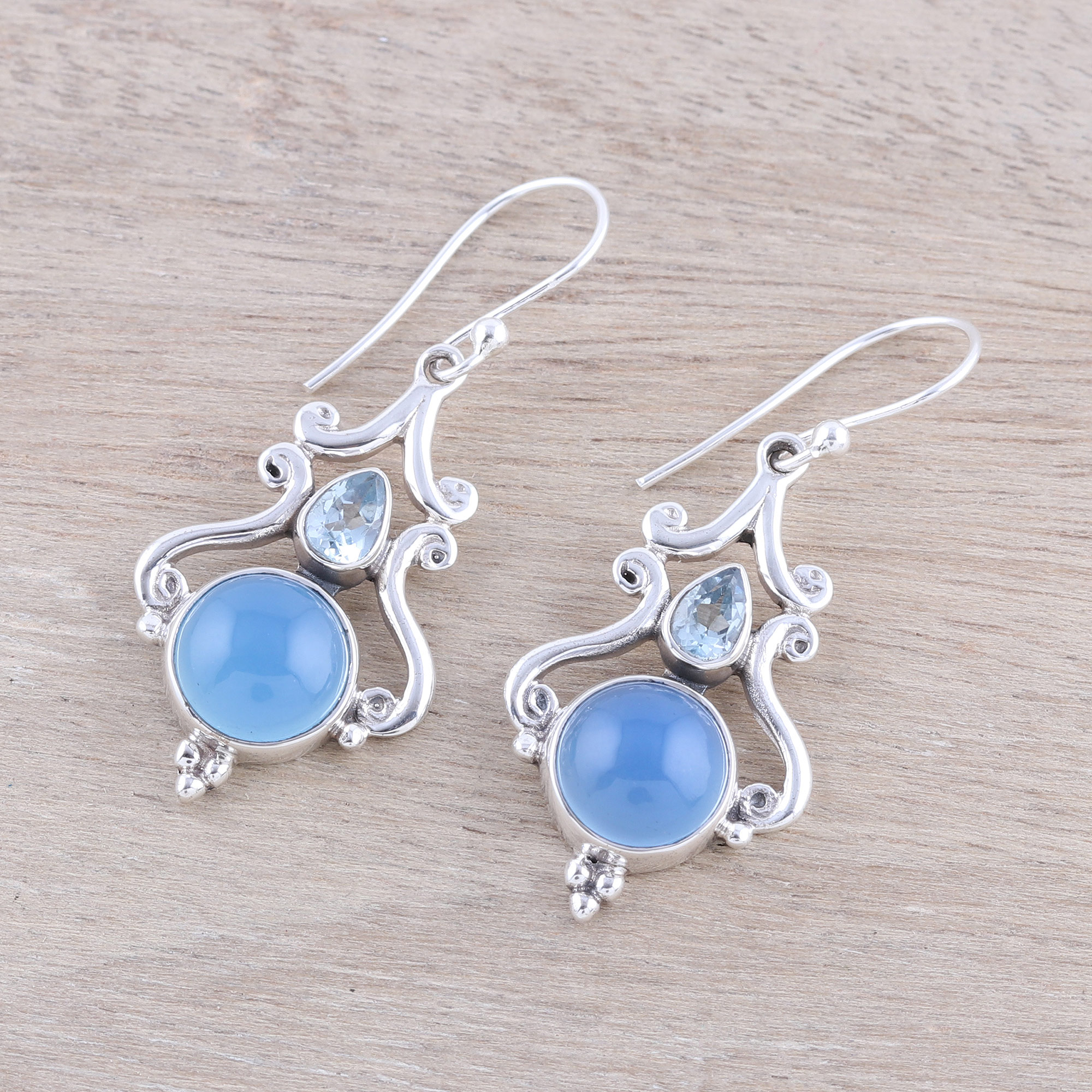 Chalcedony and Blue Topaz Dangle Earrings from India - Blue Radiance ...