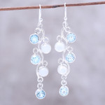 Blue topaz and rainbow moonstone dangle earrings, 'Morning Climber' - Blue Topaz and Rainbow Moonstone Earrings from India