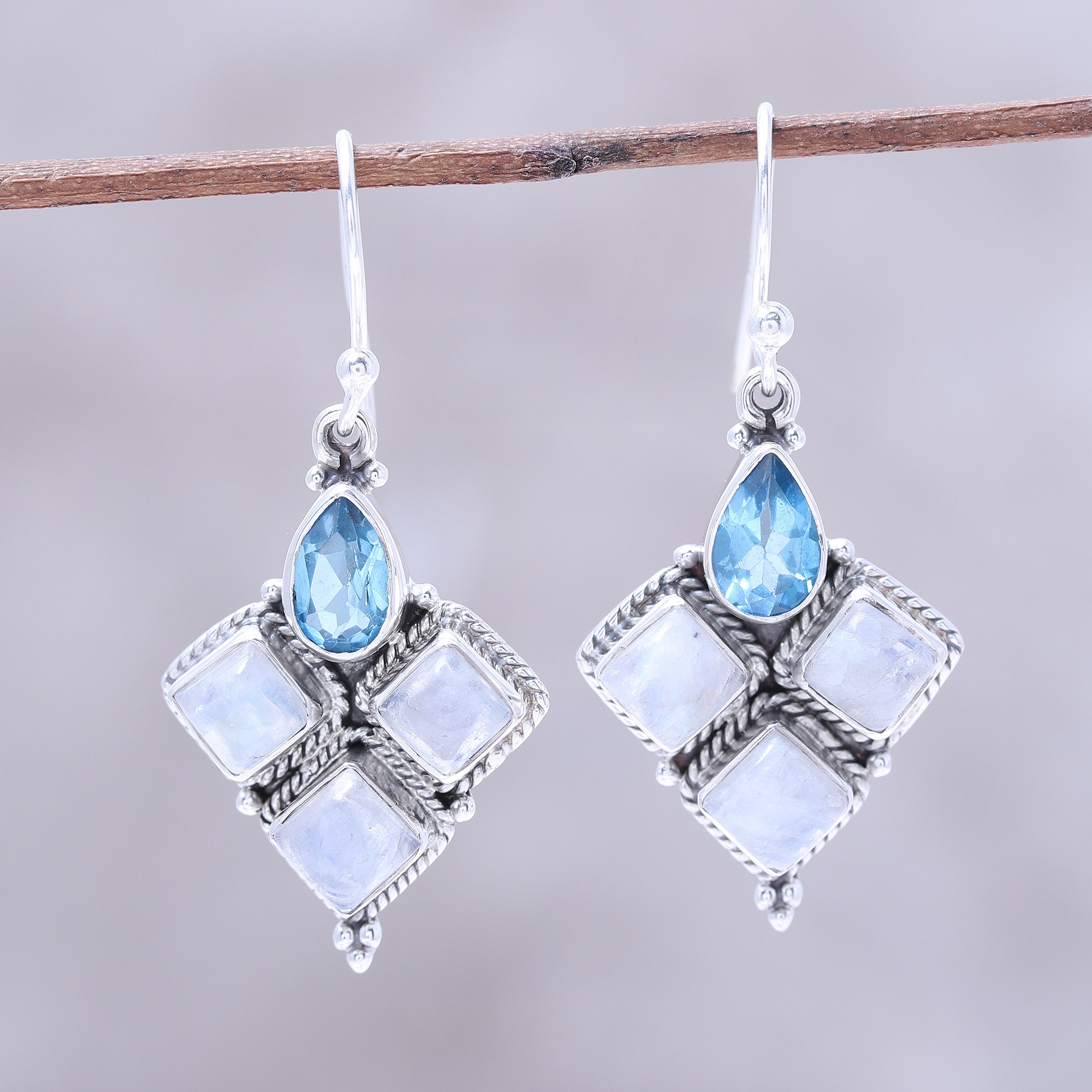 Faceted Blue Topaz and Rainbow Moonstone Earrings 925 Sterling Silver Dangle