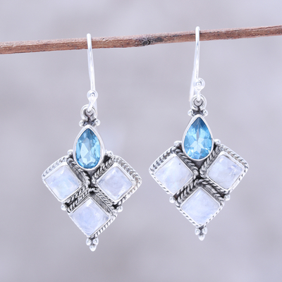 Rainbow moonstone and blue topaz dangle earrings, 'Morning Delight' - Rainbow Moonstone and Faceted Blue Topaz Earrings from India