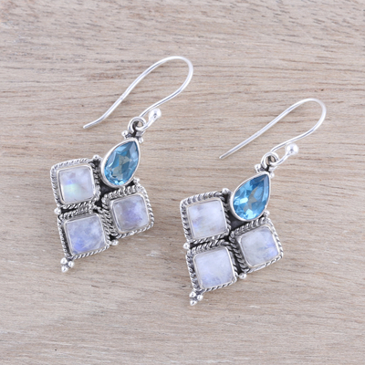 Rainbow moonstone and blue topaz dangle earrings, 'Morning Delight' - Rainbow Moonstone and Faceted Blue Topaz Earrings from India