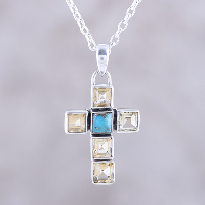 Citrine pendant necklace, 'Golden Faith' - Citrine and Composite Turquoise Cross Necklace from India