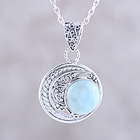Larimar pendant necklace, 'Crescent Elegance' - Crescent Motif Larimar Pendant Necklace from India