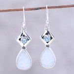 Rainbow moonstone and blue topaz dangle earrings, 'Misty Moods' - Teardrop Rainbow Moonstone and Blue Topaz Earrings