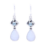Rainbow moonstone and blue topaz dangle earrings, 'Misty Moods' - Teardrop Rainbow Moonstone and Blue Topaz Earrings