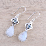 Rainbow moonstone and blue topaz dangle earrings, 'Misty Moods' - Teardrop Rainbow Moonstone and Blue Topaz Earrings