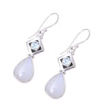 Rainbow moonstone and blue topaz dangle earrings, 'Misty Moods' - Teardrop Rainbow Moonstone and Blue Topaz Earrings
