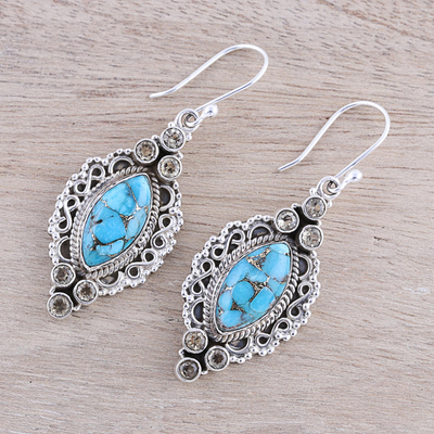 Citrine dangle earrings, 'Ocean in Sunlight' - Citrine and Composite Turquoise Earrings from India