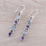 Amethyst and rainbow moonstone dangle earrings, 'Gemstone Fusion' - Amethyst and Rainbow Moonstone Dangle Earrings from India