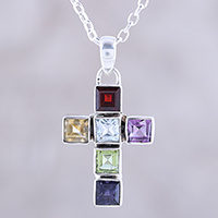 Multi-gemstone pendant necklace, 'Dazzle with Faith' - Multi-Gemstone Cross Pendant Necklace from India