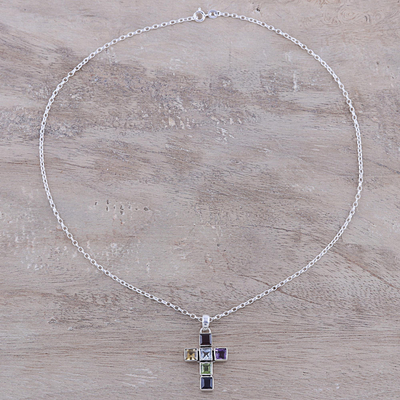 Multi-gemstone pendant necklace, 'Dazzle with Faith' - Multi-Gemstone Cross Pendant Necklace from India