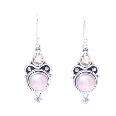 Cultured pearl and citrine dangle earrings, 'Pink Moon Sparkle' - Pink Cultured Pearl and Citrine Dangle Earrings from Citrine