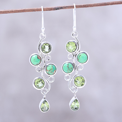 Peridot dangle earrings, 'Green Sheen' - Peridot and Composite Turquoise Dangle Earrings from India