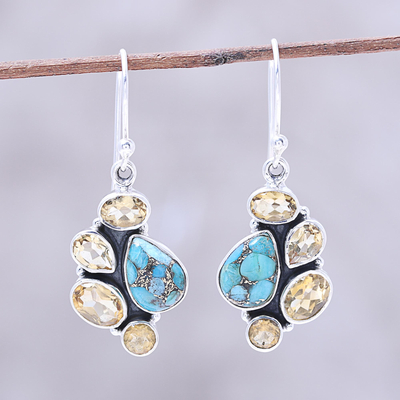 Citrine dangle earrings, 'Golden Fusion' - Citrine and Composite Turquoise Dangle Earrings from India