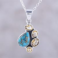 Citrine pendant necklace, 'Golden Fusion' - Citrine and Composite Turquoise Pendant Necklace from India