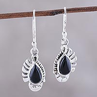Onyx dangle earrings, 'Feather Bliss' - Teardrop Onyx Dangle Earrings Crafted in India