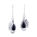 Onyx dangle earrings, 'Feather Bliss' - Teardrop Onyx Dangle Earrings Crafted in India