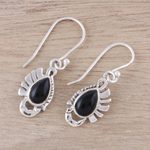 Onyx dangle earrings, 'Feather Bliss' - Teardrop Onyx Dangle Earrings Crafted in India