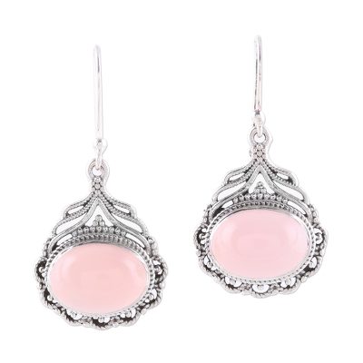 Chalcedony dangle earrings, 'Jeweled Glory' - Oval Pink Chalcedony Dangle Earrings from India