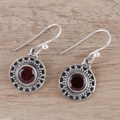 Garnet dangle earrings, 'Circular Sparkle' - Circular Garnet Dangle Earrings from India