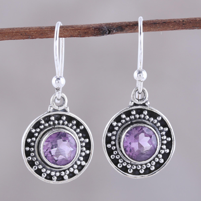 Amethyst dangle earrings, 'Circular Sparkle' - Circular Amethyst Dangle Earrings from India