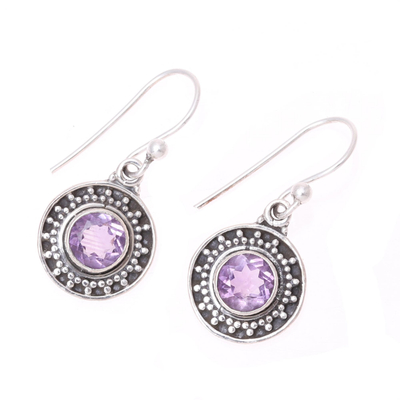 Amethyst dangle earrings, 'Circular Sparkle' - Circular Amethyst Dangle Earrings from India