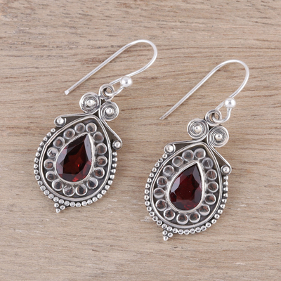 Garnet dangle earrings, 'Classic Style' - Pear Garnet Dangle Earrings from India
