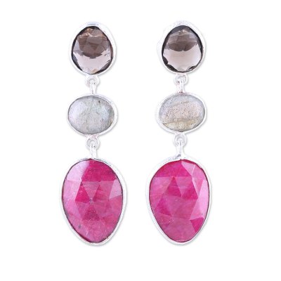 Multi-gemstone dangle earrings, 'Sweet Chic' - Ruby and Smoky Quartz Sterling Silver Dangle Earrings